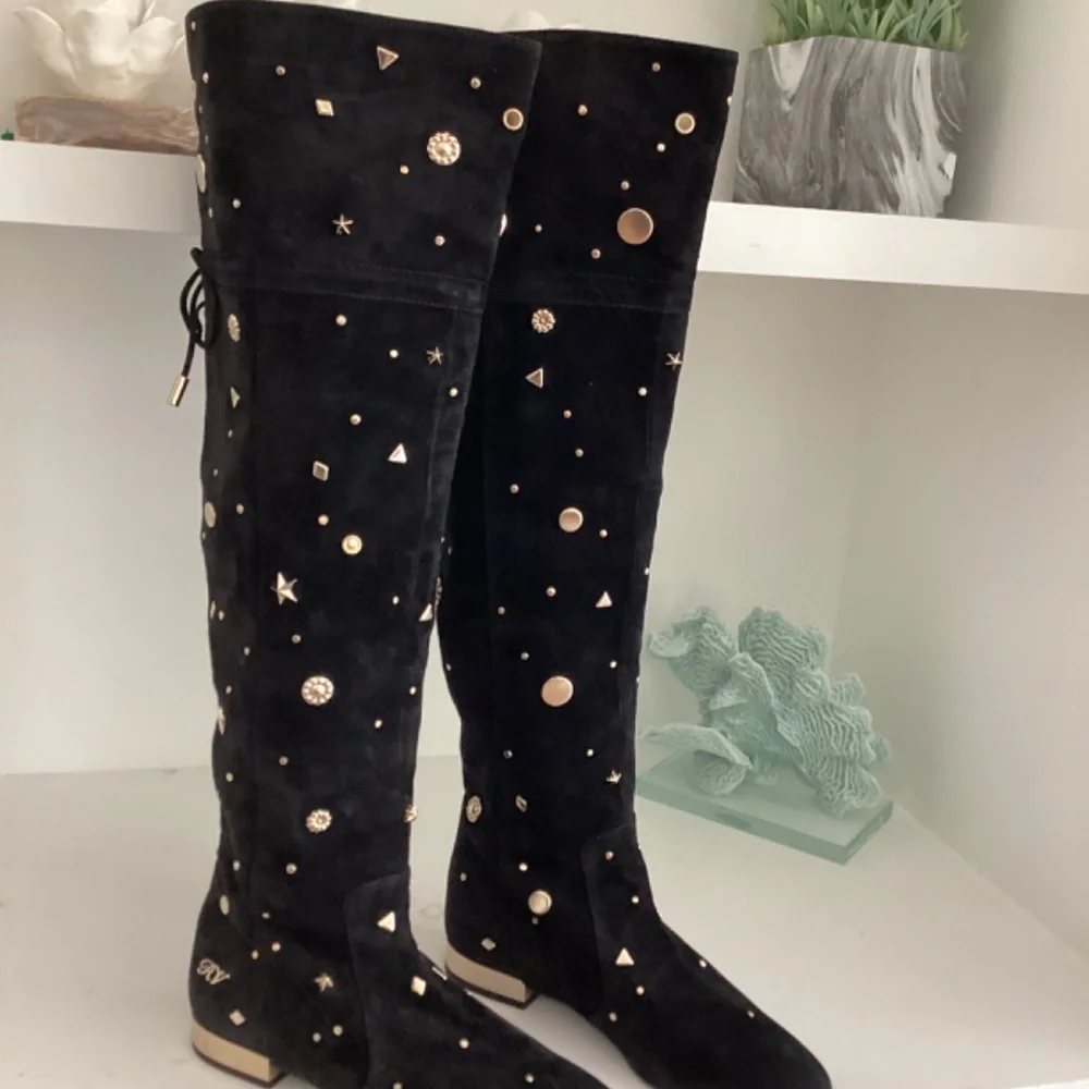 REDUCED ROGER VIVIER Embellished Studded Accent Black Suede OTK Boots Size 37 7